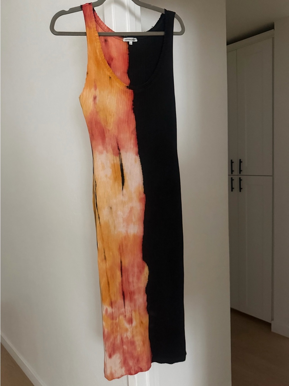 Cotton Citizen One-Shoulder Ribbed Dress in Black and Orange Tie-Dye